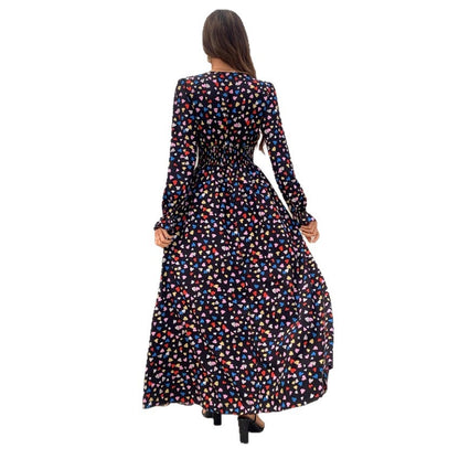 New Floral-print V-neck Long-sleeve Swing Maxi Dress