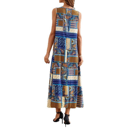 National Style Patchwork Print Dress With A Casual V-neck Design