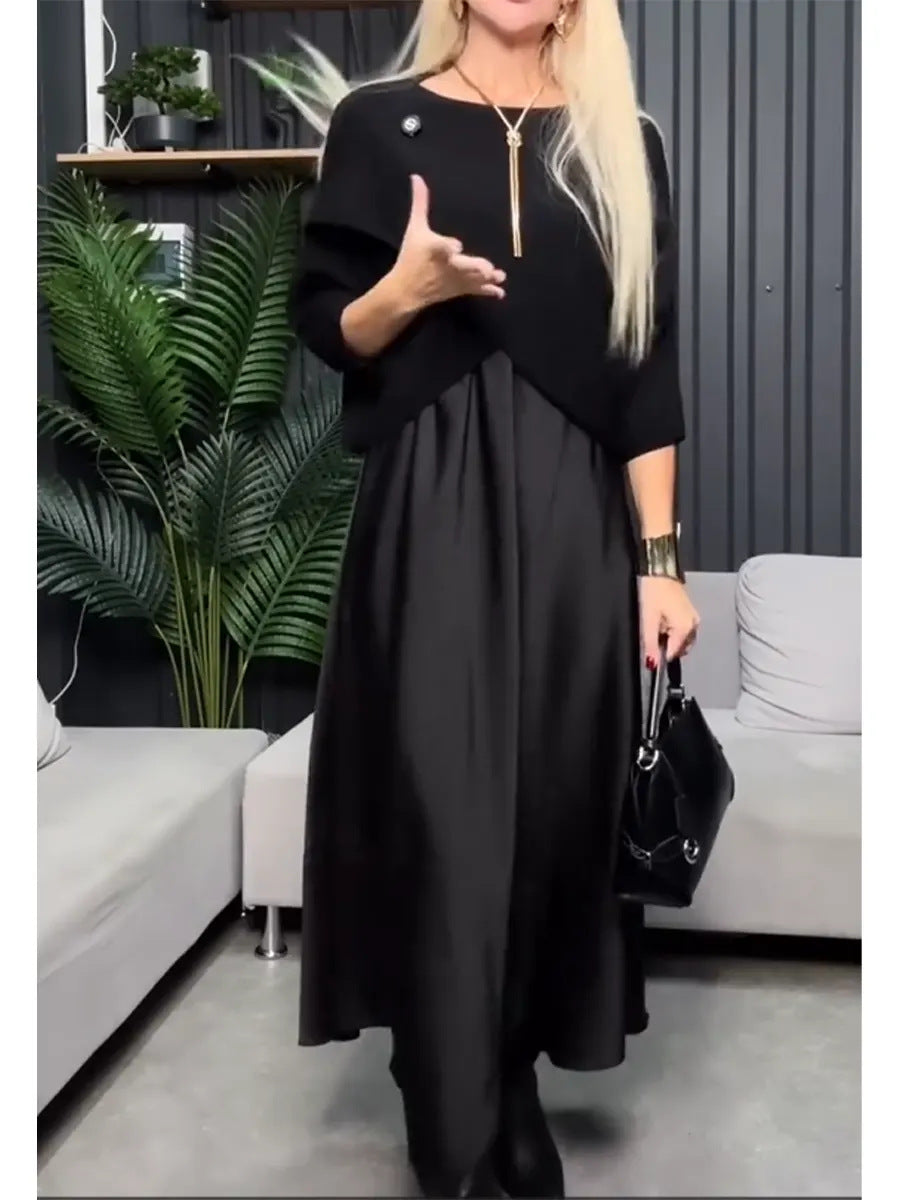 Elegant Simple Solid-color Dress With A Round Neck And Three-quarter-length Sleeves