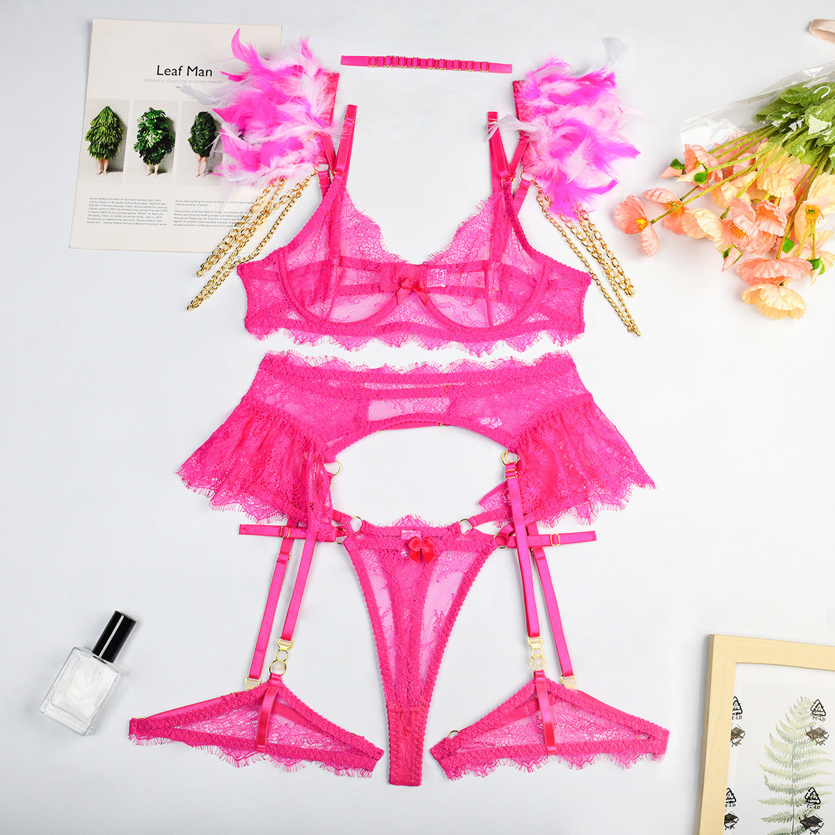 Feather Lace Chain Heavy Industry Underwear Suit In Stock Women