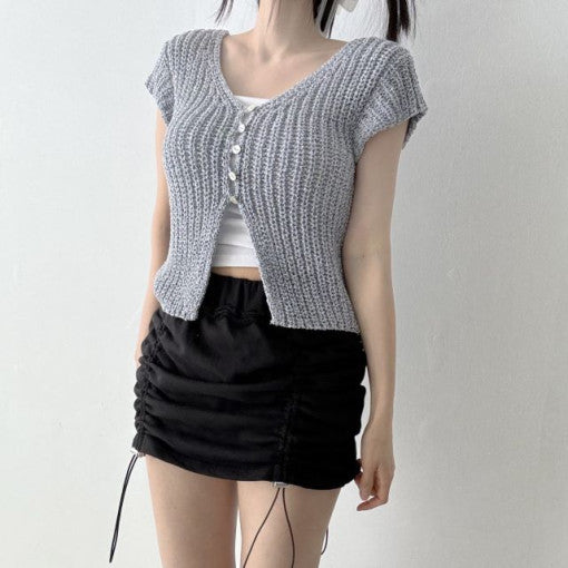 V-neck Small Breasted Split Short-sleeved Sweater Top