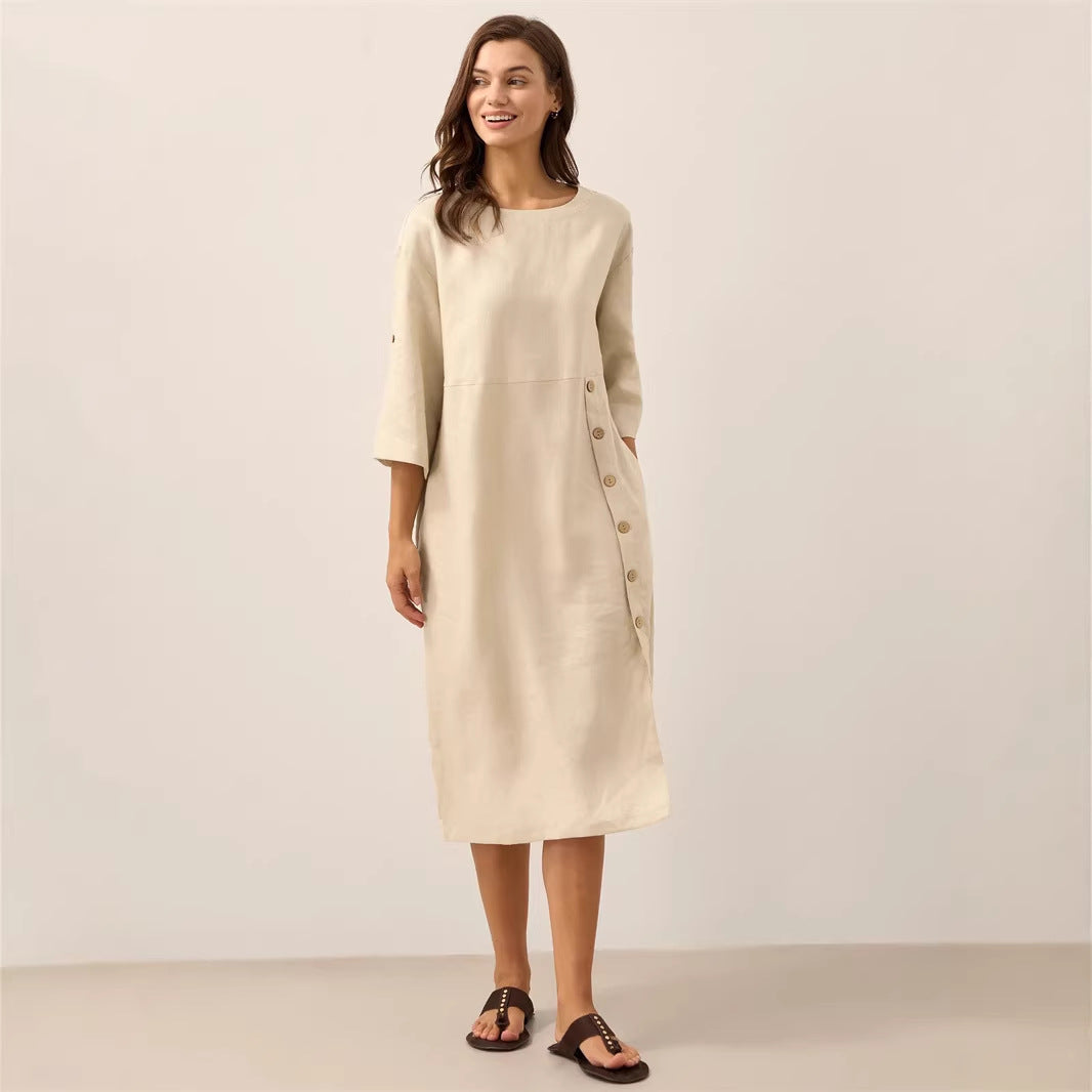 Casual Cotton-Linen Dress With Buttoned Slit And Round Neck
