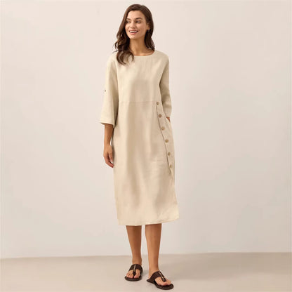 Casual Cotton-Linen Dress With Buttoned Slit And Round Neck