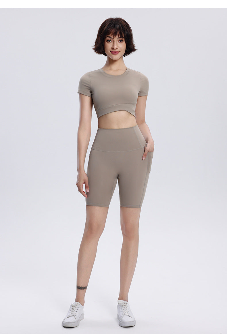 Women's Yoga Short Double-layer Hem With Chest Pad Sports Running Tight Round Neck Top