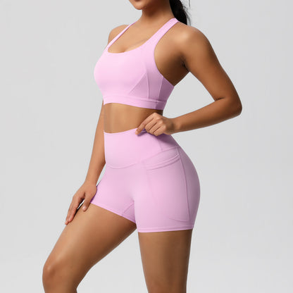 Women's Pure Color Tight Yoga Vest Sports Underwear Shorts Suit