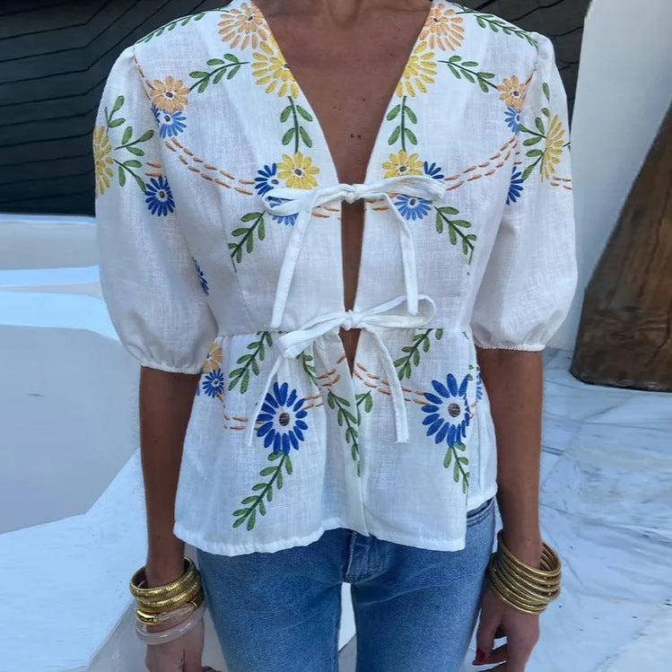 Women's Clothing V-neck Lace-up Printed Short-sleeved Top