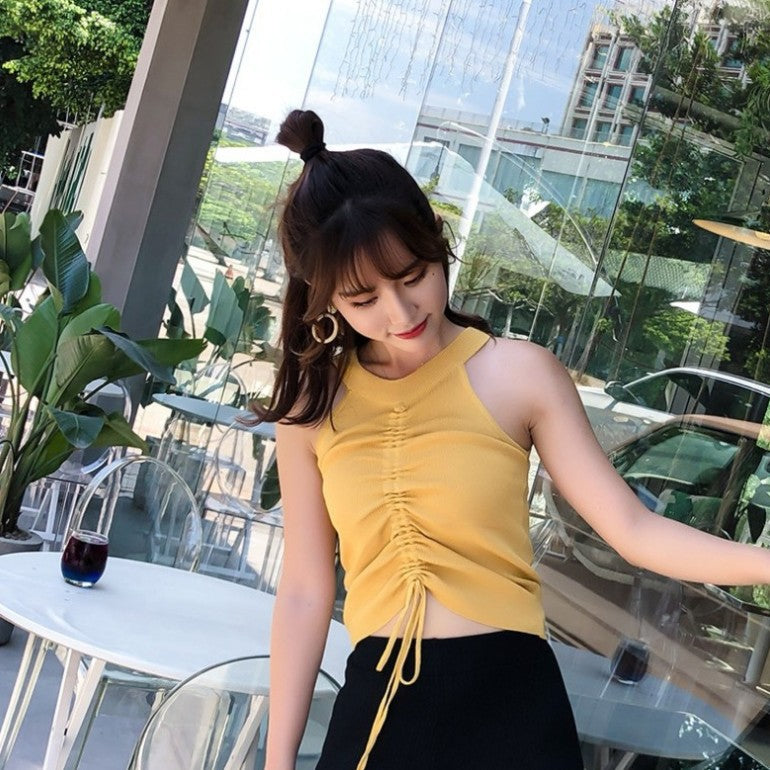 Sleeveless Knitted Drawstring Halterneck Suspender Top