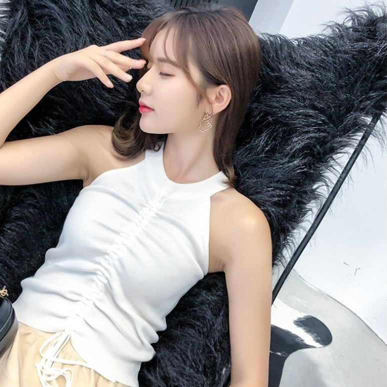 Sleeveless Knitted Drawstring Halterneck Suspender Top