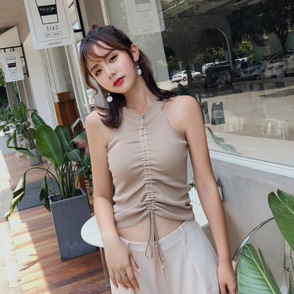 Sleeveless Knitted Drawstring Halterneck Suspender Top