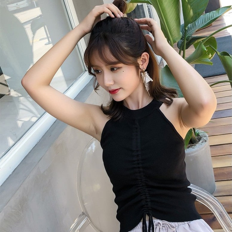Sleeveless Knitted Drawstring Halterneck Suspender Top