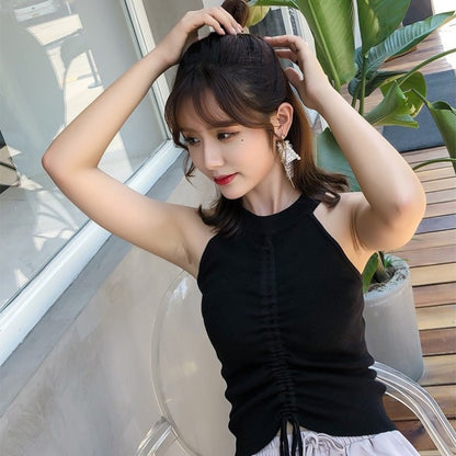 Sleeveless Knitted Drawstring Halterneck Suspender Top