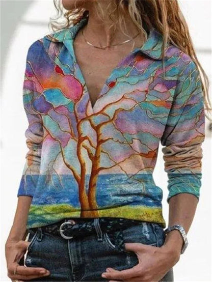 Ladies Long Sleeve Shirt Printed V-Neck T-Shirt Top