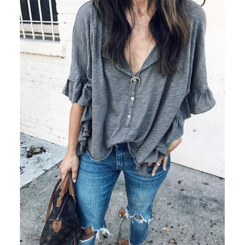 Women's Loose Short Sleeved T Shirt Round Neck Stitching Ruffled Top