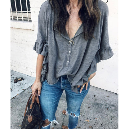 Women's Loose Short Sleeved T Shirt Round Neck Stitching Ruffled Top