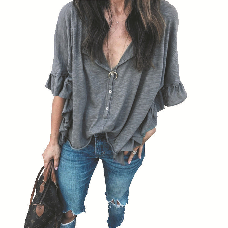 Women's Loose Short Sleeved T Shirt Round Neck Stitching Ruffled Top