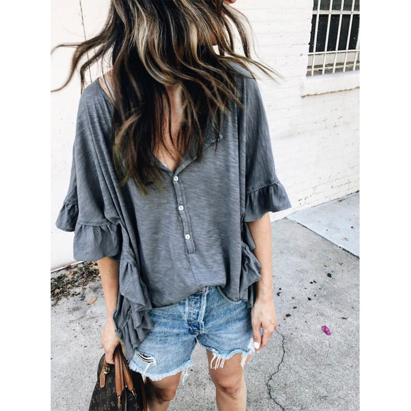 Women's Loose Short Sleeved T Shirt Round Neck Stitching Ruffled Top