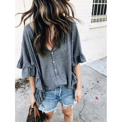 Women's Loose Short Sleeved T Shirt Round Neck Stitching Ruffled Top