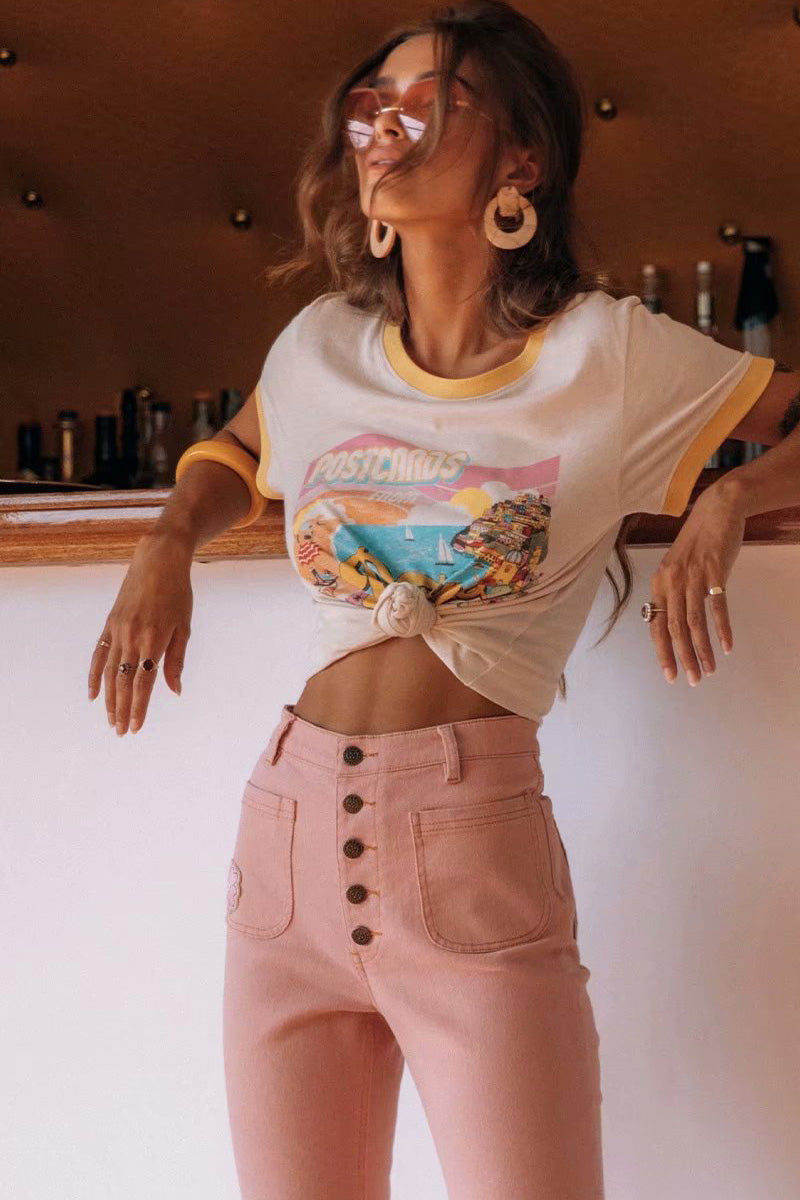 Holiday Style Slim T-Shirt Top With Yellow Sailing Letter Print