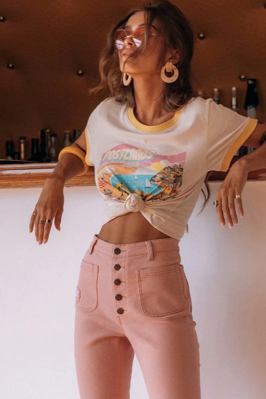 Holiday Style Slim T-Shirt Top With Yellow Sailing Letter Print