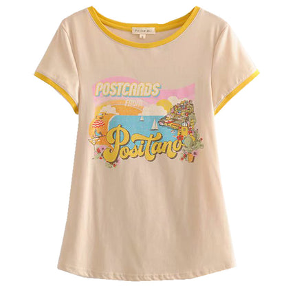 Holiday Style Slim T-Shirt Top With Yellow Sailing Letter Print