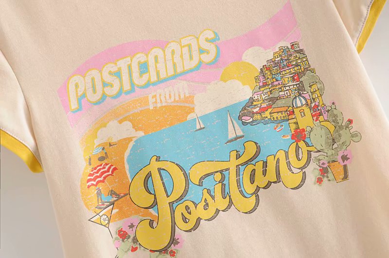Holiday Style Slim T-Shirt Top With Yellow Sailing Letter Print