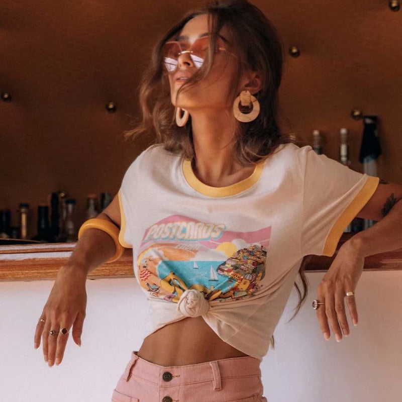 Holiday Style Slim T-Shirt Top With Yellow Sailing Letter Print