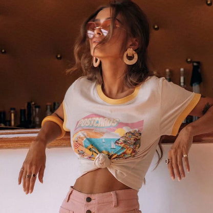 Holiday Style Slim T-Shirt Top With Yellow Sailing Letter Print