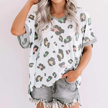Leopard Print Top V-neck Short-sleeved T-shirt Women