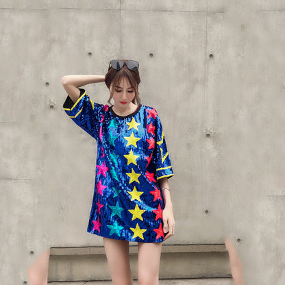 Shiny Five-Pointed Star Short Loose Mid-Length New Trendy Brand Women'S Top