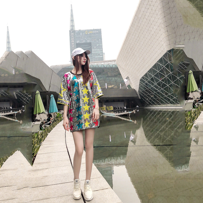 Shiny Five-Pointed Star Short Loose Mid-Length New Trendy Brand Women'S Top