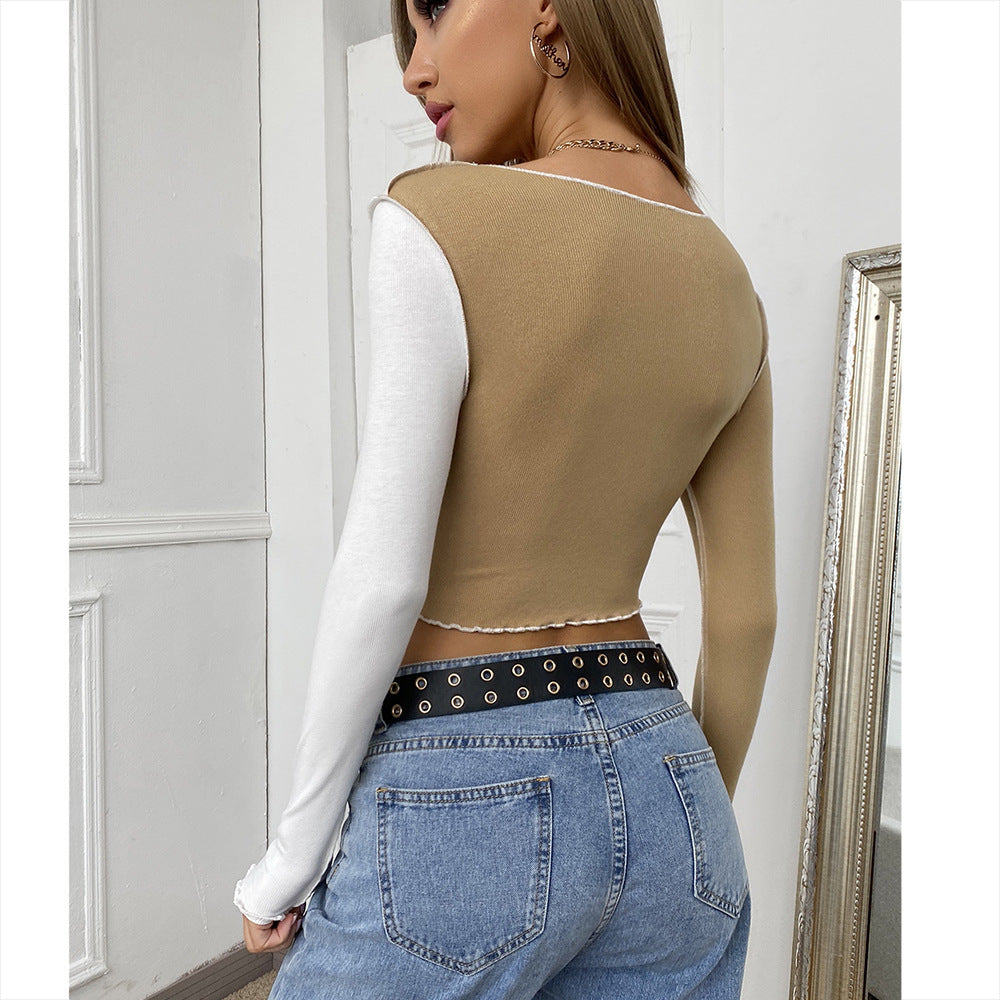 Spring New Cross-Border European And American Ins Female Stitching Color Matching Check Round Neck Pullover Long-Sleeved Tight Top T-Shirt