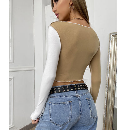 Spring New Cross-Border European And American Ins Female Stitching Color Matching Check Round Neck Pullover Long-Sleeved Tight Top T-Shirt
