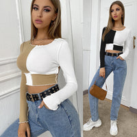 Spring New Cross-Border European And American Ins Female Stitching Color Matching Check Round Neck Pullover Long-Sleeved Tight Top T-Shirt
