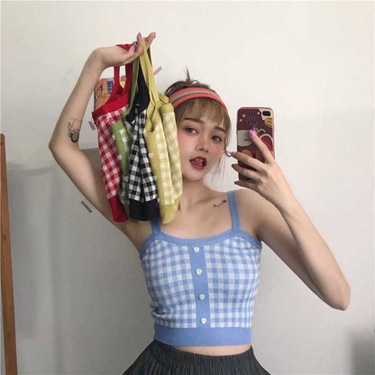 Korean Version Of Hong Kong Style Small Camisole Women'S Bottoming Shirt With Plaid Top