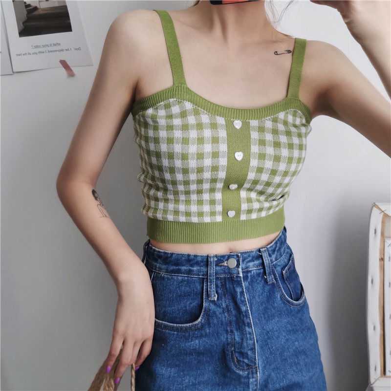 Korean Version Of Hong Kong Style Small Camisole Women'S Bottoming Shirt With Plaid Top