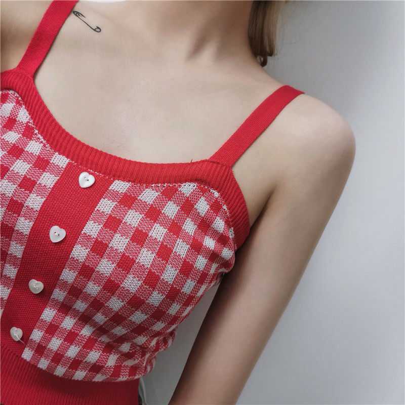 Korean Version Of Hong Kong Style Small Camisole Women'S Bottoming Shirt With Plaid Top