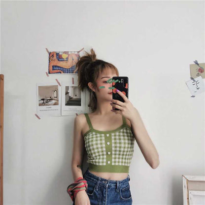 Korean Version Of Hong Kong Style Small Camisole Women'S Bottoming Shirt With Plaid Top