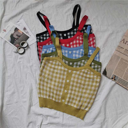 Korean Version Of Hong Kong Style Small Camisole Women'S Bottoming Shirt With Plaid Top