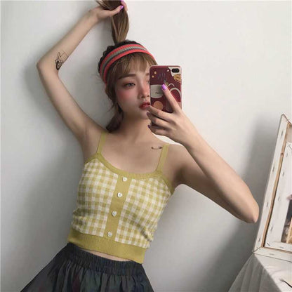 Korean Version Of Hong Kong Style Small Camisole Women'S Bottoming Shirt With Plaid Top