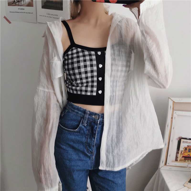 Korean Version Of Hong Kong Style Small Camisole Women'S Bottoming Shirt With Plaid Top