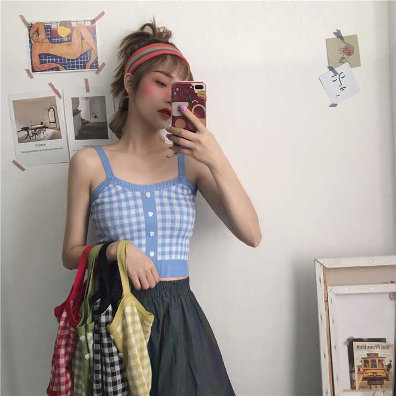 Korean Version Of Hong Kong Style Small Camisole Women'S Bottoming Shirt With Plaid Top