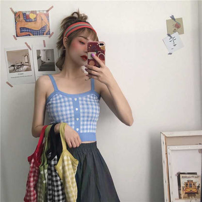 Korean Version Of Hong Kong Style Small Camisole Women'S Bottoming Shirt With Plaid Top