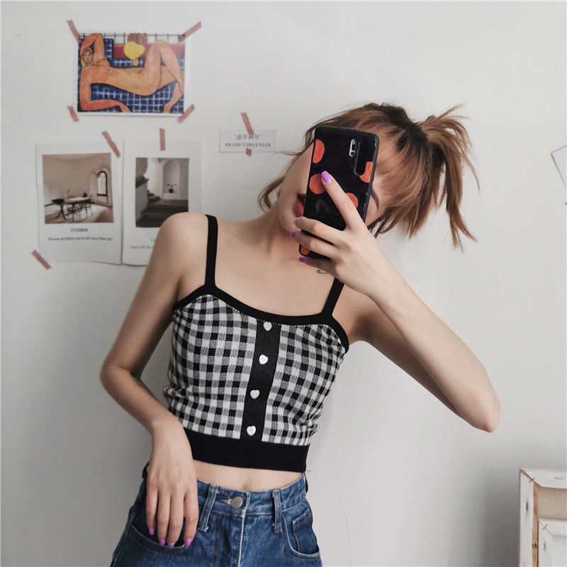 Korean Version Of Hong Kong Style Small Camisole Women'S Bottoming Shirt With Plaid Top