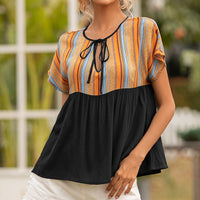 Ethnic Style Neckline Cut-Out Tether Short-Sleeved Top