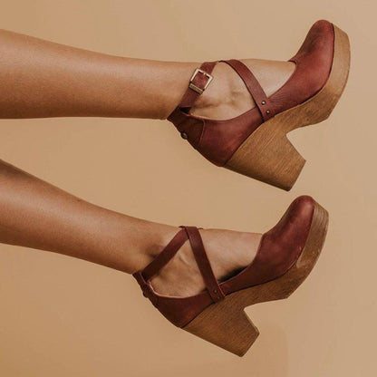 Buckle Cross Strap High Thick Heel Sandals Women