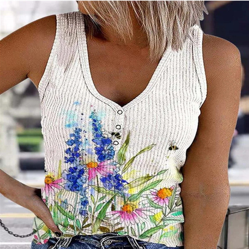 Ladies Button Vest Printed V-neck Sleeveless T-Shirt Top