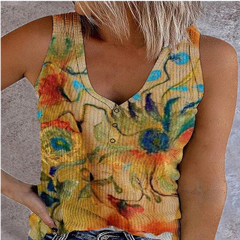 Ladies Button Vest Printed V-neck Sleeveless T-Shirt Top