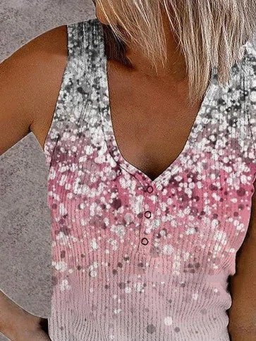 Ladies Button Vest Printed V-neck Sleeveless T-Shirt Top
