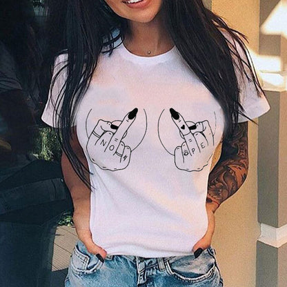 Personalized Vertical Middle Finger Print Street Casual Loose Ladies T-shirt