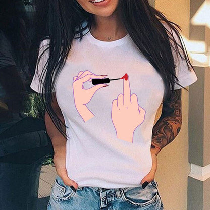 Personalized Vertical Middle Finger Print Street Casual Loose Ladies T-shirt